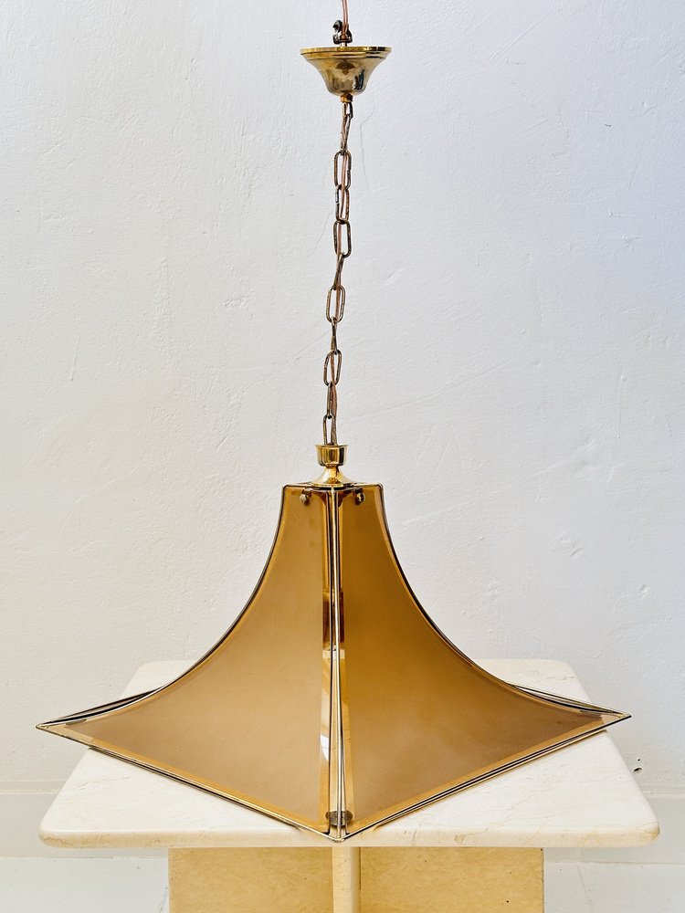 Mid-Century Italian Pagoda Pendant with Brass and Curved Smoked Glass from Esperia, 1970s