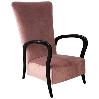 Mid-Century Italian Pink Velvet and Wood Armchair with Curved Armrests, 1950s-GDD-1096559