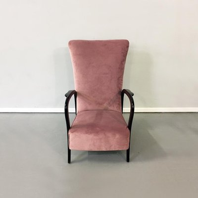 Mid-Century Italian Pink Velvet and Wood Armchair with Curved Armrests, 1950s-GDD-1096559