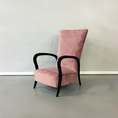 Mid-Century Italian Pink Velvet and Wood Armchair with Curved Armrests, 1950s-GDD-1096559