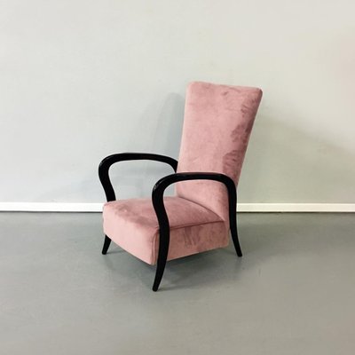 Mid-Century Italian Pink Velvet and Wood Armchair with Curved Armrests, 1950s-GDD-1096559