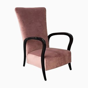 Mid-Century Italian Pink Velvet and Wood Armchair with Curved Armrests, 1950s-GDD-1096559