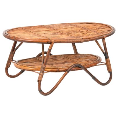 Mid-Century Italian Rattan and Bamboo Oval Coffee Table, 1950s-JDR-1125611