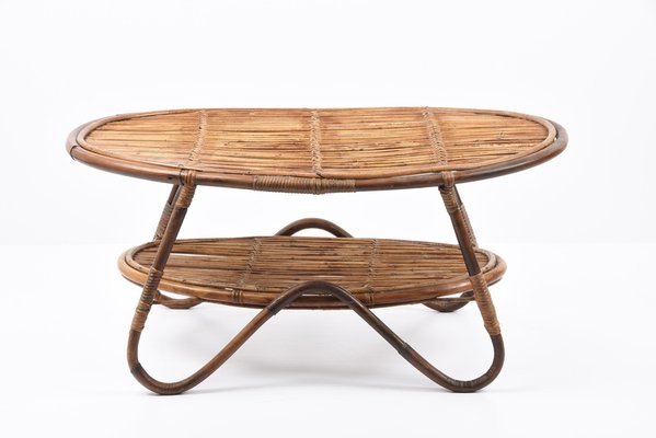 Mid-Century Italian Rattan and Bamboo Oval Coffee Table, 1950s-JDR-1125611