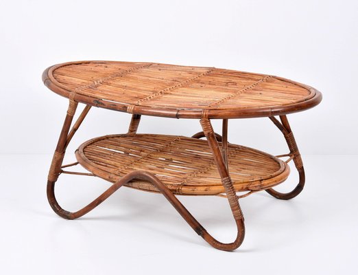 Mid-Century Italian Rattan and Bamboo Oval Coffee Table, 1950s-JDR-1125611