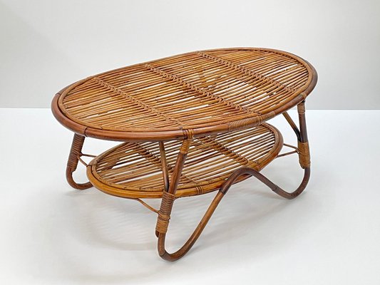 Mid-Century Italian Rattan and Bamboo Oval Coffee Table, 1950s-JDR-1125611