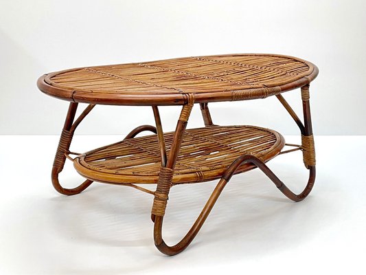 Mid-Century Italian Rattan and Bamboo Oval Coffee Table, 1950s-JDR-1125611