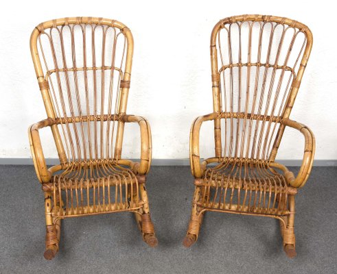 Mid-Century Italian Rattan & Bamboo Rocking Chairs, 1960s, Set of 2-JDR-1125892