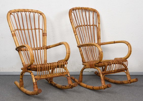 Mid-Century Italian Rattan & Bamboo Rocking Chairs, 1960s, Set of 2-JDR-1125892