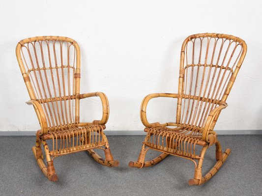 Mid-Century Italian Rattan & Bamboo Rocking Chairs, 1960s, Set of 2-JDR-1125892