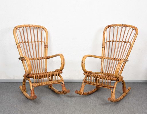 Mid-Century Italian Rattan & Bamboo Rocking Chairs, 1960s, Set of 2-JDR-1125892