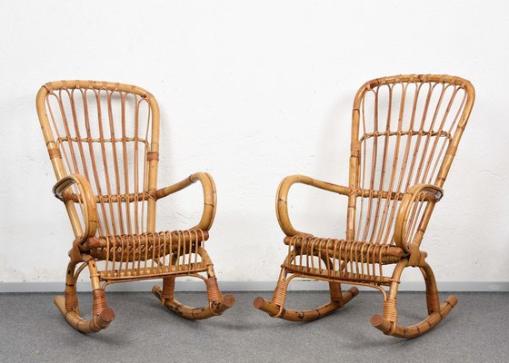 Mid-Century Italian Rattan & Bamboo Rocking Chairs, 1960s, Set of 2-JDR-1125892