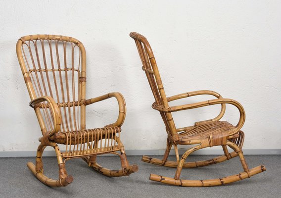 Mid-Century Italian Rattan & Bamboo Rocking Chairs, 1960s, Set of 2-JDR-1125892