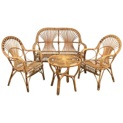 Mid-Century Italian Rattan & Bamboo Sofa, Armchairs & Coffee Table, 1960s, Set of 4-JDR-1126051