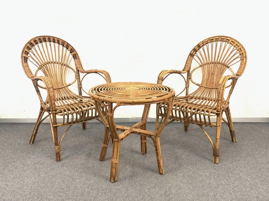 Mid-Century Italian Rattan & Bamboo Sofa, Armchairs & Coffee Table, 1960s, Set of 4-JDR-1126051