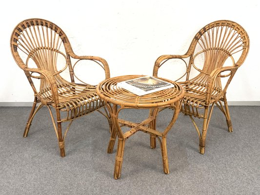 Mid-Century Italian Rattan & Bamboo Sofa, Armchairs & Coffee Table, 1960s, Set of 4-JDR-1126051