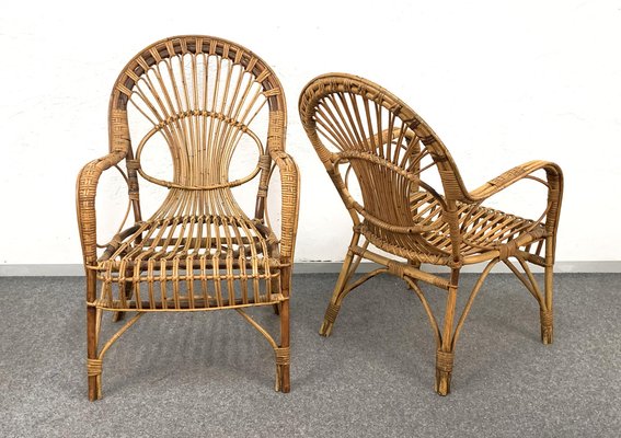 Mid-Century Italian Rattan & Bamboo Sofa, Armchairs & Coffee Table, 1960s, Set of 4-JDR-1126051