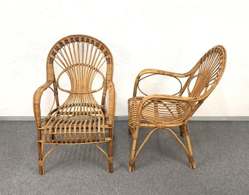 Mid-Century Italian Rattan & Bamboo Sofa, Armchairs & Coffee Table, 1960s, Set of 4-JDR-1126051