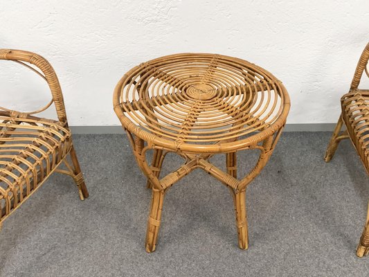 Mid-Century Italian Rattan & Bamboo Sofa, Armchairs & Coffee Table, 1960s, Set of 4-JDR-1126051