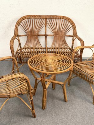 Mid-Century Italian Rattan & Bamboo Sofa, Armchairs & Coffee Table, 1960s, Set of 4-JDR-1126051