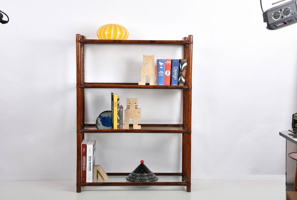 Mid-Century Italian Rattan Bookcase with 4 Crystal Glass Shelves, 1960s-JDR-1125654