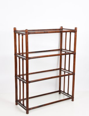 Mid-Century Italian Rattan Bookcase with 4 Crystal Glass Shelves, 1960s-JDR-1125654