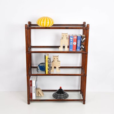 Mid-Century Italian Rattan Bookcase with 4 Crystal Glass Shelves, 1960s-JDR-1125654