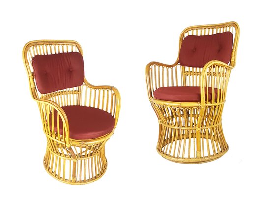 Mid-Century Italian Rattan & Burgundy Wool Seat & Back Armchairs, 1960s, Set of 2-RD-2028864