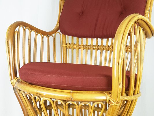 Mid-Century Italian Rattan & Burgundy Wool Seat & Back Armchairs, 1960s, Set of 2-RD-2028864