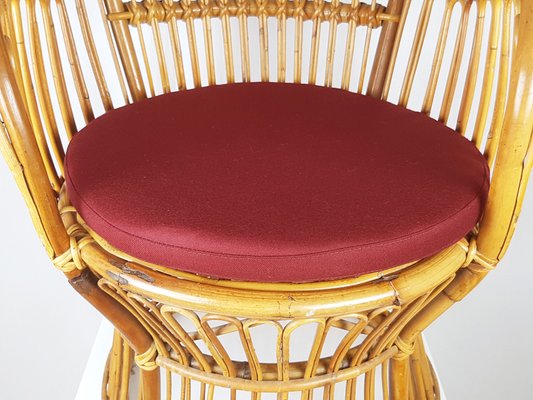 Mid-Century Italian Rattan & Burgundy Wool Seat & Back Armchairs, 1960s, Set of 2-RD-2028864