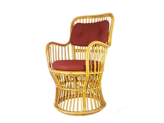 Mid-Century Italian Rattan & Burgundy Wool Seat & Back Armchairs, 1960s, Set of 2-RD-2028864