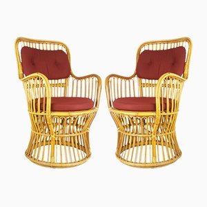 Mid-Century Italian Rattan & Burgundy Wool Seat & Back Armchairs, 1960s, Set of 2-RD-2028864