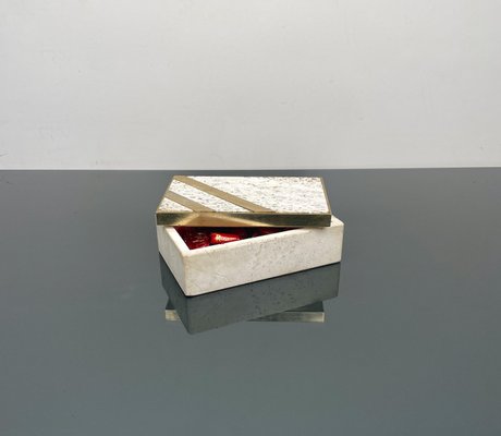 Mid-Century Italian Rectangular Box in Travertine and Brass, 1970s-LYQ-1383794