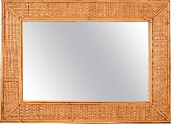 Mid-Century Italian Rectangular Mirror with Bamboo and Woven Wicker Frame, 1970s-JDR-1267655