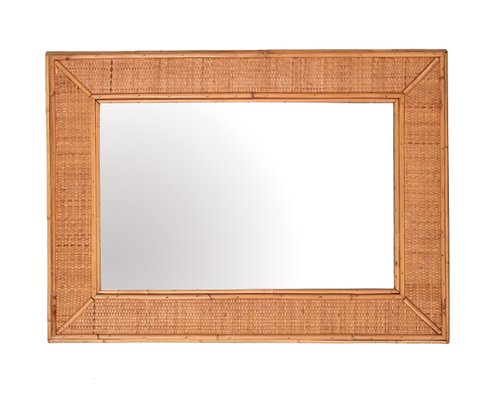 Mid-Century Italian Rectangular Mirror with Bamboo and Woven Wicker Frame, 1970s-JDR-1267655