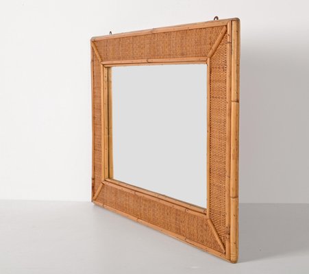 Mid-Century Italian Rectangular Mirror with Bamboo and Woven Wicker Frame, 1970s-JDR-1267655