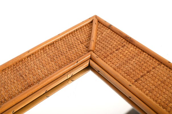 Mid-Century Italian Rectangular Mirror with Bamboo and Woven Wicker Frame, 1970s-JDR-1267655