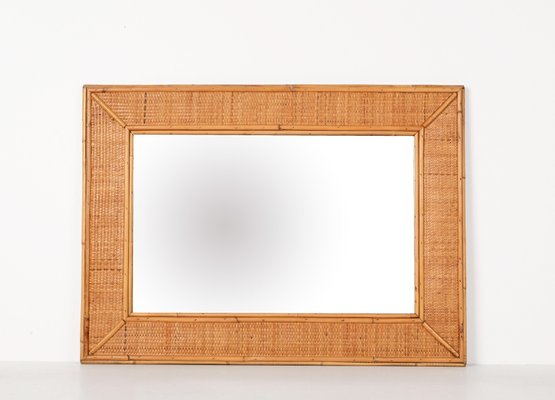 Mid-Century Italian Rectangular Mirror with Bamboo and Woven Wicker Frame, 1970s-JDR-1267655