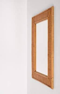 Mid-Century Italian Rectangular Mirror with Bamboo and Woven Wicker Frame, 1970s-JDR-1267655