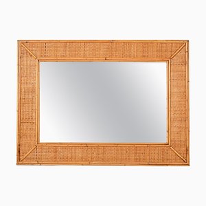 Mid-Century Italian Rectangular Mirror with Bamboo and Woven Wicker Frame, 1970s-JDR-1267655