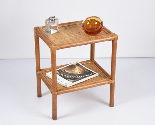 Mid-Century Italian Rectangular Two-Tiers Bamboo and Rattan Side Table, 1970s-JDR-1251102