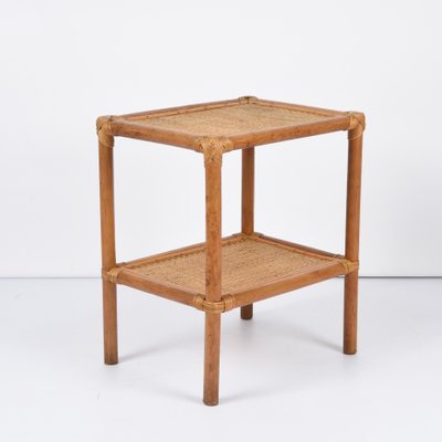 Mid-Century Italian Rectangular Two-Tiers Bamboo and Rattan Side Table, 1970s-JDR-1251102