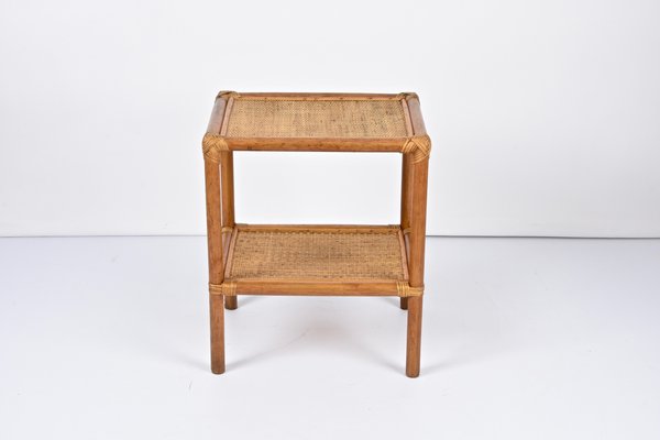 Mid-Century Italian Rectangular Two-Tiers Bamboo and Rattan Side Table, 1970s-JDR-1251102