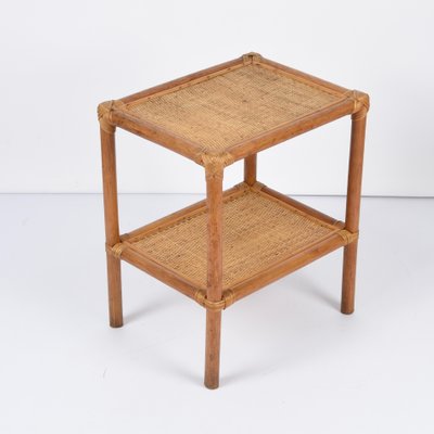 Mid-Century Italian Rectangular Two-Tiers Bamboo and Rattan Side Table, 1970s-JDR-1251102