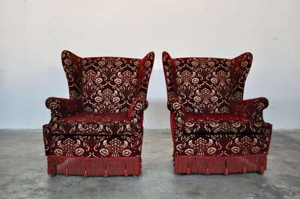 Mid-Century Italian Red Damask Velvet Lounge Chairs, 1950s, Set of 2-KNM-618393