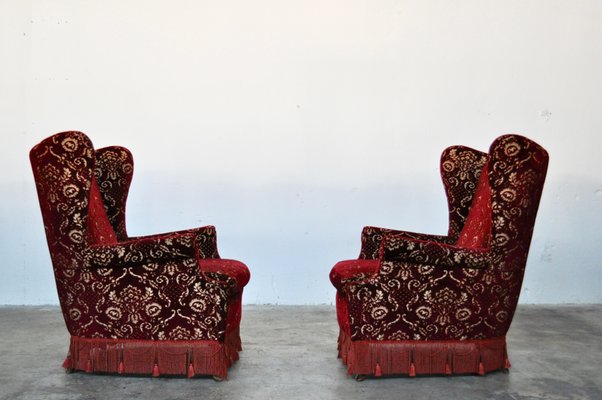 Mid-Century Italian Red Damask Velvet Lounge Chairs, 1950s, Set of 2-KNM-618393