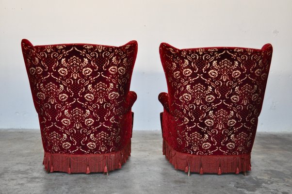 Mid-Century Italian Red Damask Velvet Lounge Chairs, 1950s, Set of 2-KNM-618393