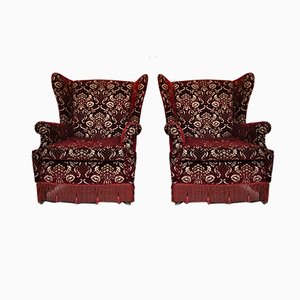 Mid-Century Italian Red Damask Velvet Lounge Chairs, 1950s, Set of 2-KNM-618393