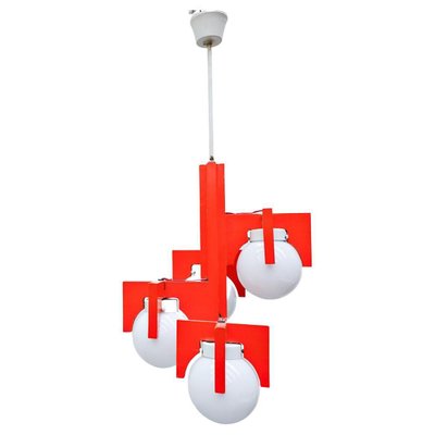 Mid-Century Italian Red Lacquered Wood and Opaline Suspension Light, 1970s-FGA-1147497