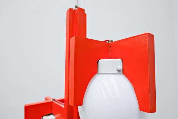 Mid-Century Italian Red Lacquered Wood and Opaline Suspension Light, 1970s-FGA-1147497